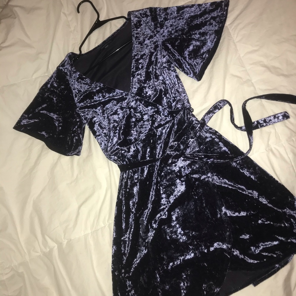 Navy blue wrap crushed velvet dress.